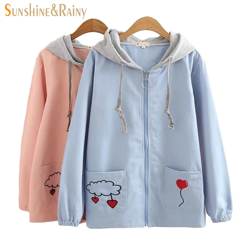 

Women's Sweet Jacket Spring New Pocket Embroidered Clouds Thin Long Sleeved Hooded Stitching Female Jacket Coat Student Coat