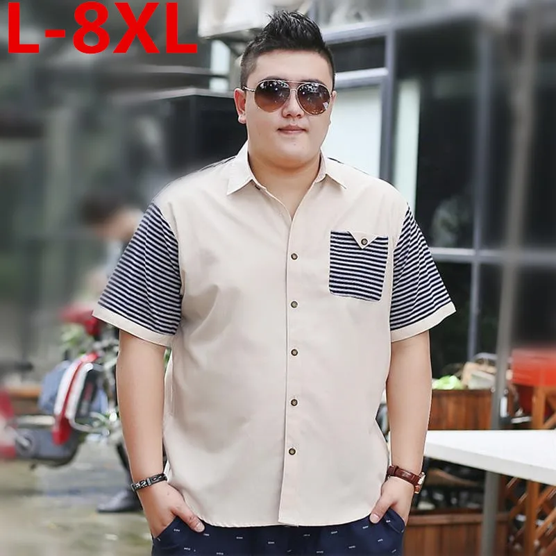 

plus size 8XL 7XL 6XL New Cotton summer Loose Fit Casual Shirts short Sleeve striped Shirt Social Men Dress Shirts chemise homme