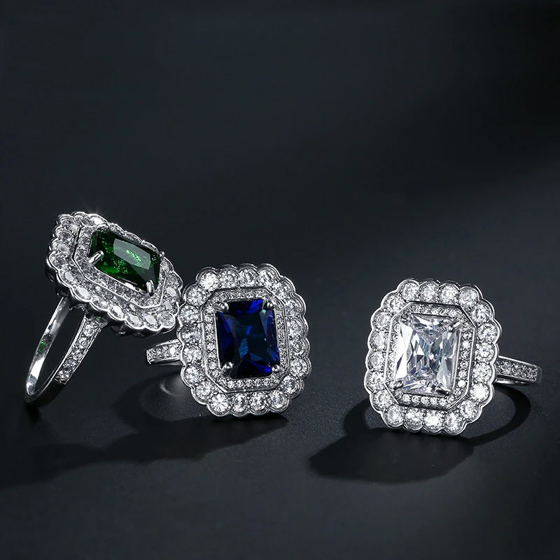 

925 sterling silver 2019 new luxury blue silver color princess engagement ring for women lady anniversary gift jewelry R5096