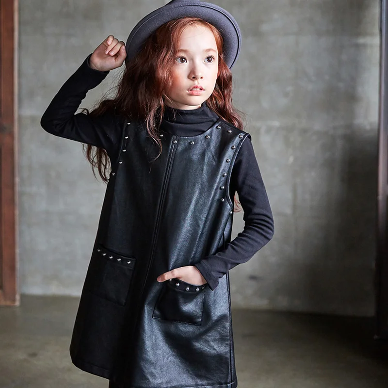 

New 2019 Baby Girls Vest Dress for Children Autumn PU Waistcoat Kids Fashion Vest with Rivet Toddler Clothes Fashion,#3614