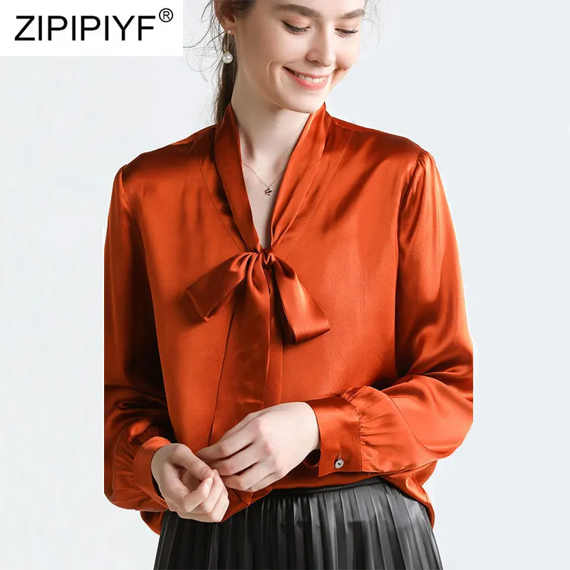 2019 Spring Retro Vintage Elegant Office Work Stand Neck Bow Collar Long Sleeve Solid Real Silk Shirt Blouses Tops Q728 |