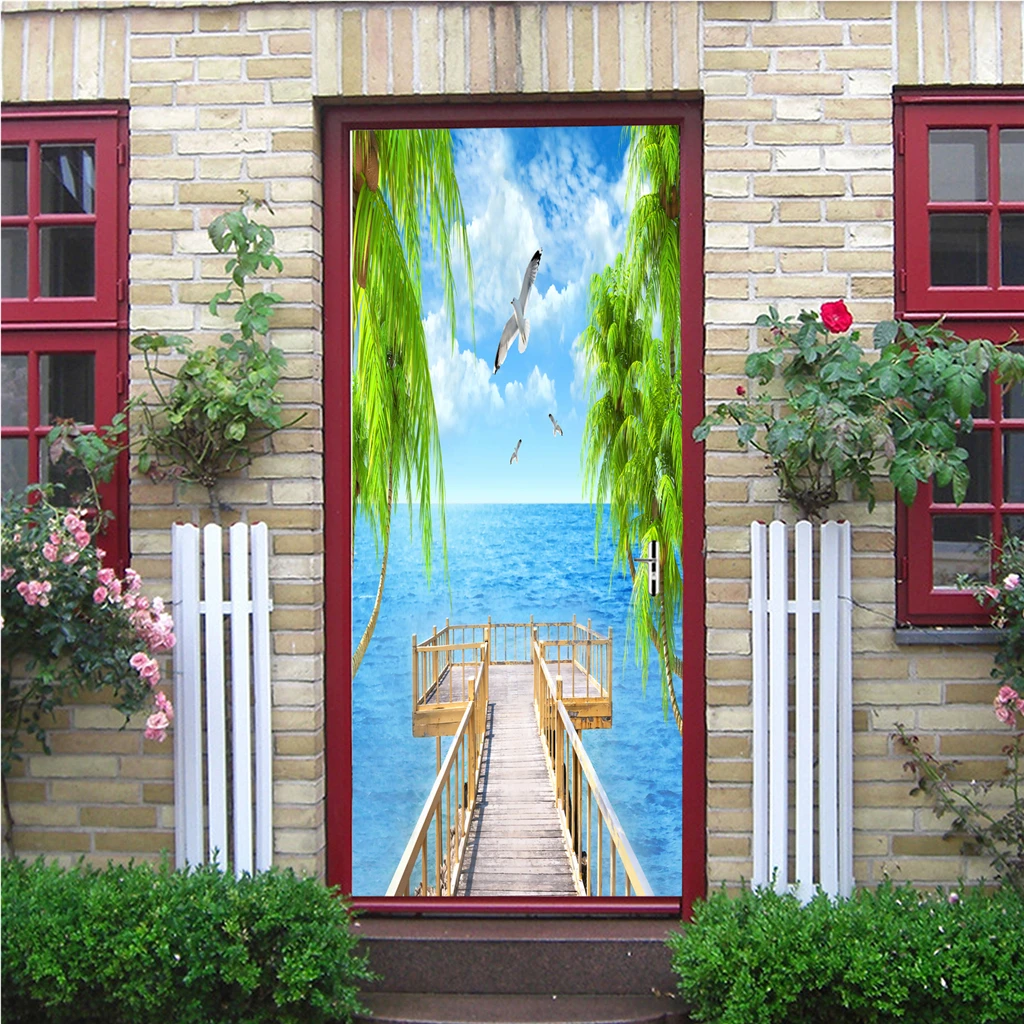 3D Photo Door Murals Sea Side Scenery Wall Sticker Mural Removable Self-Adhesive Fridge Decor Decal 77x200cm