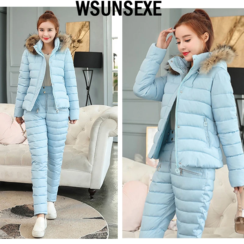 2 Piece Sets Jacket Suits Women Fur Hooded Zipper Cotton Padded Coat Parka and High Waist Pants Casual Outerwear Winter Clothes