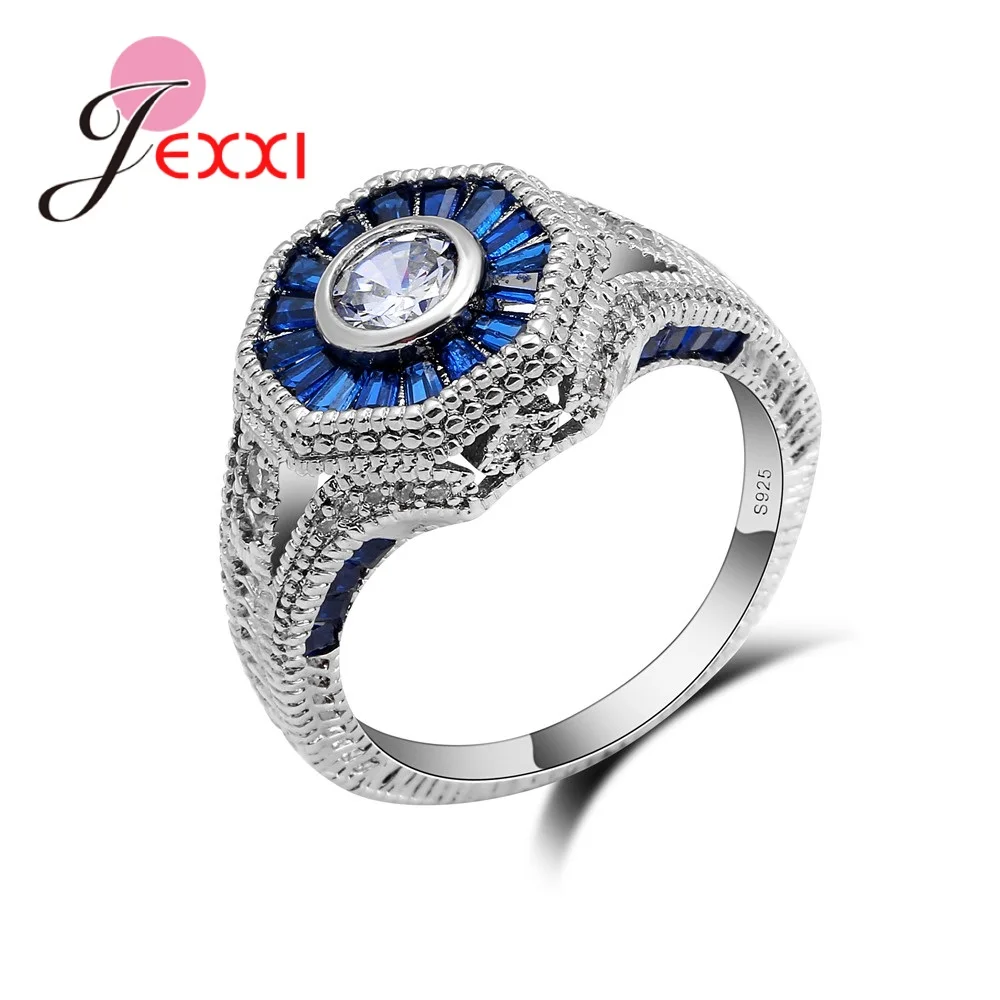 

JEXXI Geometry S90 SilverWedding Rings For Women Men Blue CZ Zirconia Round Finger Rings Bijoux Father's Jewelry