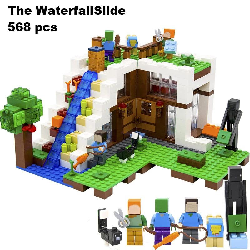 

Model building toy Compatible with lego Minecraft 21134 568pcs Mysterious Waterfall hut house My World Building Bricks Toys