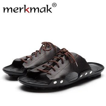 

Merkmak 2018 New Arrival Men Summer Slippers Sandal Fashion Leather Beach Holiday Shoes Flat Slipper for Man Casual Daily Shoes