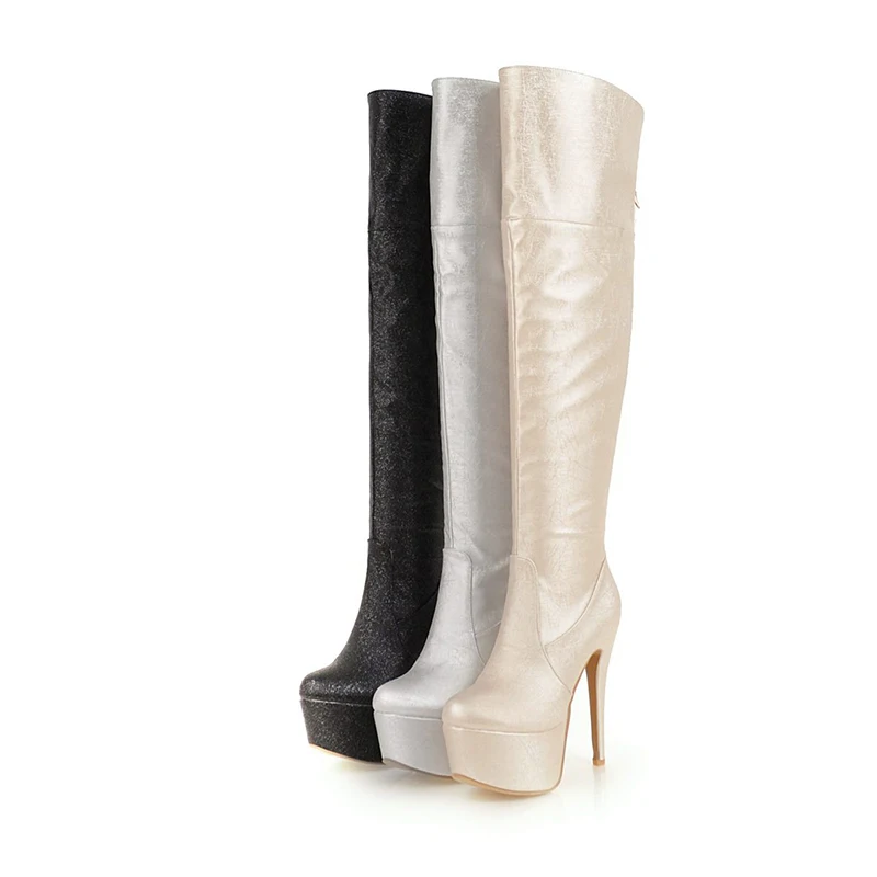 Sobre Zapatos Moda Invierno Super Nocturno Alto Plataforma Rodilla 14 Tacón De Cm Negro Sexy Pu Cuero Mujer oro Botas plata Thin Club La Rxemzg xvRfU