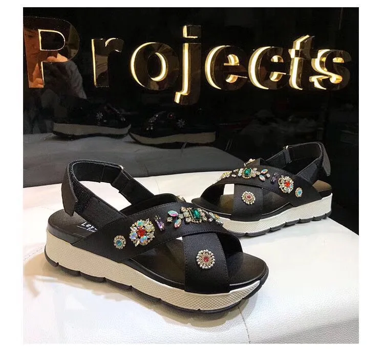 women's summer slippers high-heeled leather rhinestone sandals outdoor casual sandals flip-flops thick sandals