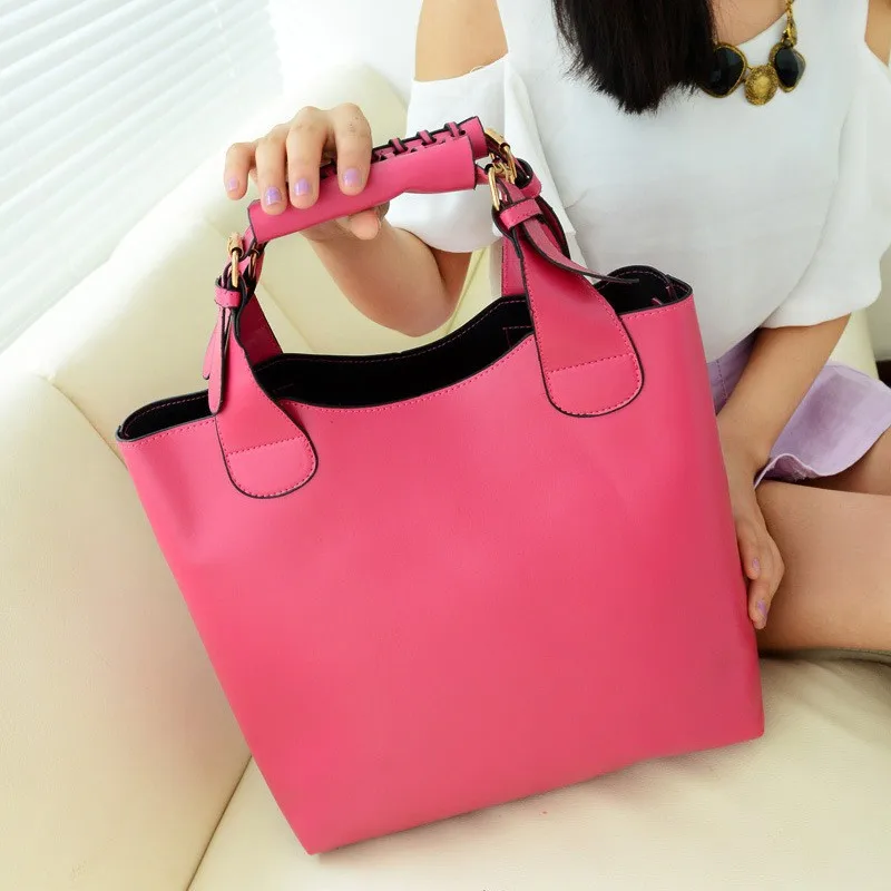 

SAF-New Vintage bag Leather bags women Tote Shopping Bag Handbag hot pink