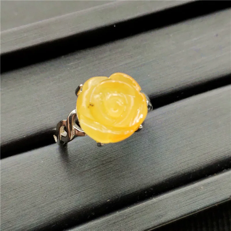 Natural Yellow Amber Gemstone Ring Flower Shape Adjustable 925 Sterling Silver For Woman Man Fashion Wedding Engagement Ring
