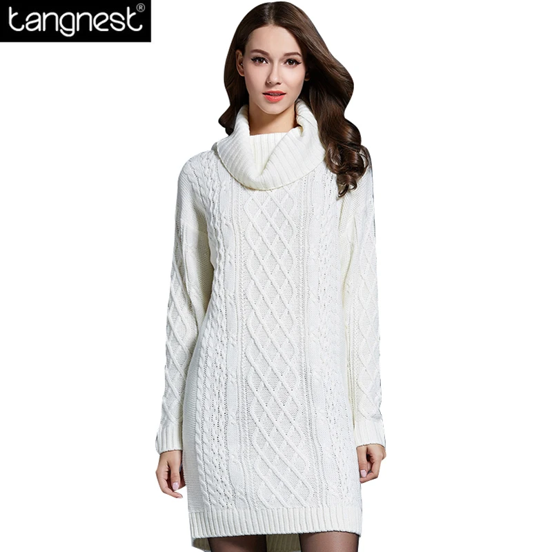 TANGNEST Turtleneck Loose Mini Sweater Dress 2016 Autumn Fashion Woman Solid White Vestidos 
