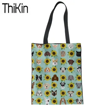 

THIKIN Women Linen Tote Bag Ladies Dogs Sunflower Printing Shoulder Shopping Bag Large Capacity Shopper Bag Females Foldable Bag