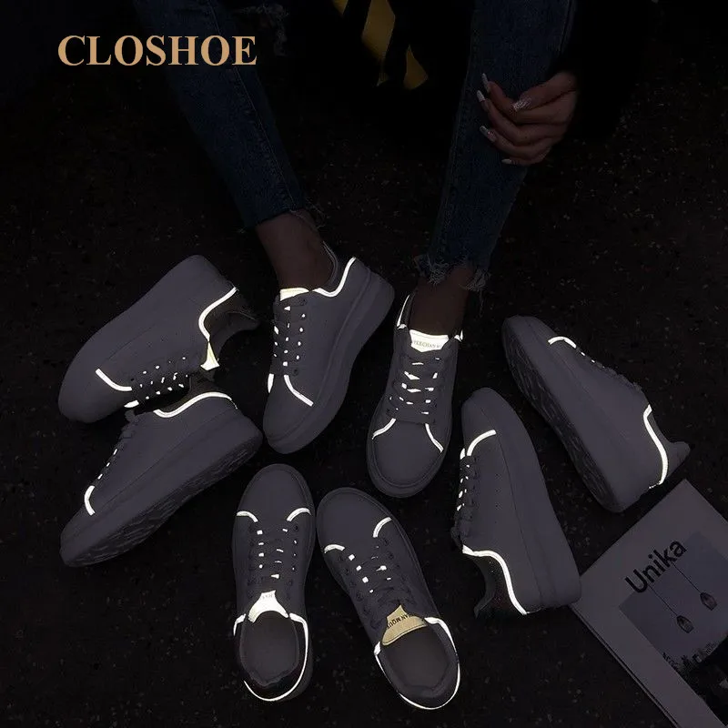 

CLOSHOE Luminous Small White Shoes Spring Style Go with Thick Bottom Sneaker Women's Single Shoes Bling
