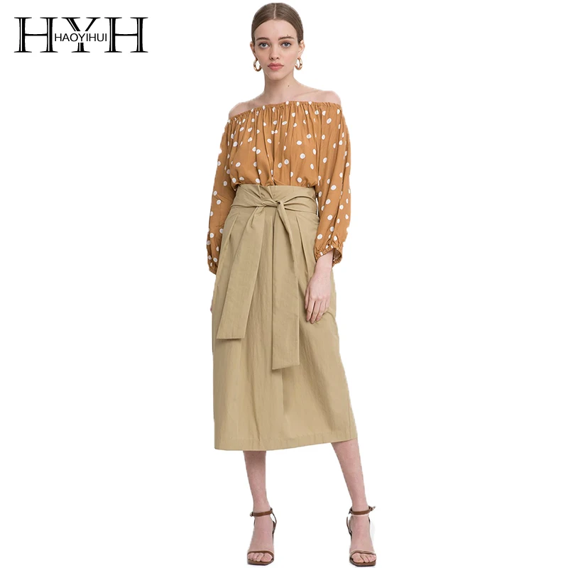 

Haoyihui 2018 New Fashion Tie Waist Brief Skirts Solid Office Lady High Waist Mid-calf Skirts Straight Women Skirts For Female