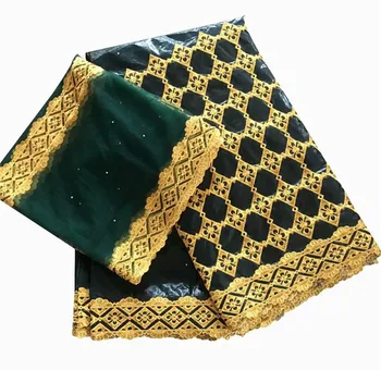 

Latest dark green African cotton jaquard bazin lace fabric with 2Y French net lace fabric for dress set IKBN42