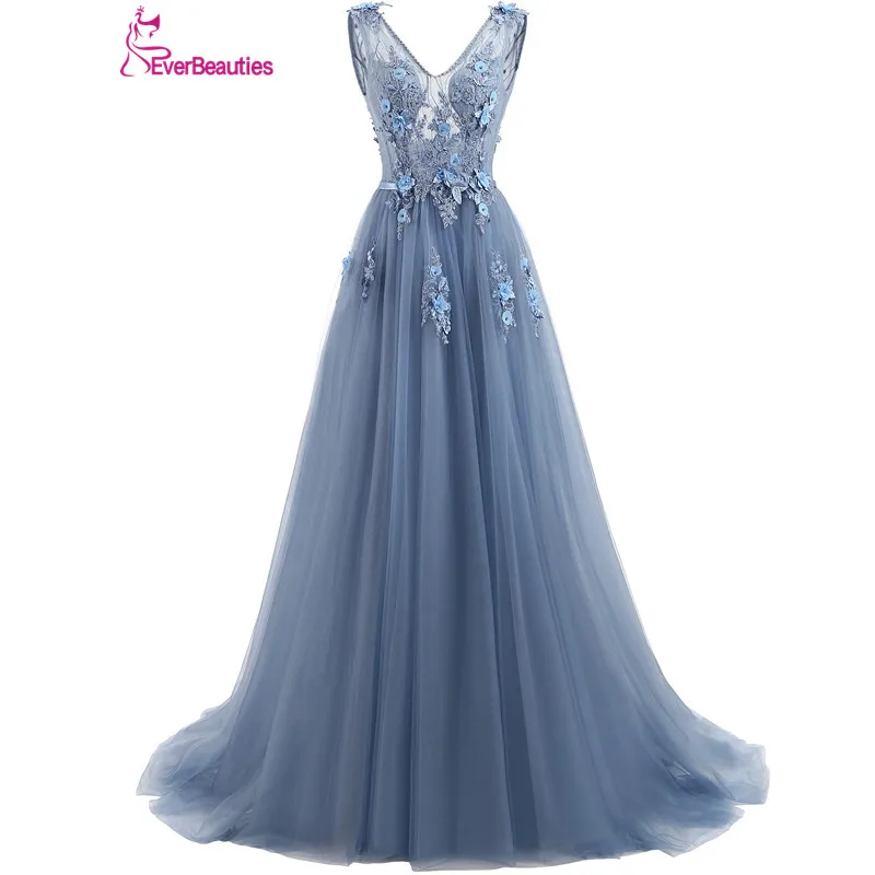 Elie Saab Blue Evening Dresses 2017 Plus Size Tulle Appliques Long Formal Dresses Gowns V Neck Lace Up Sleeveless Robe De Soiree
