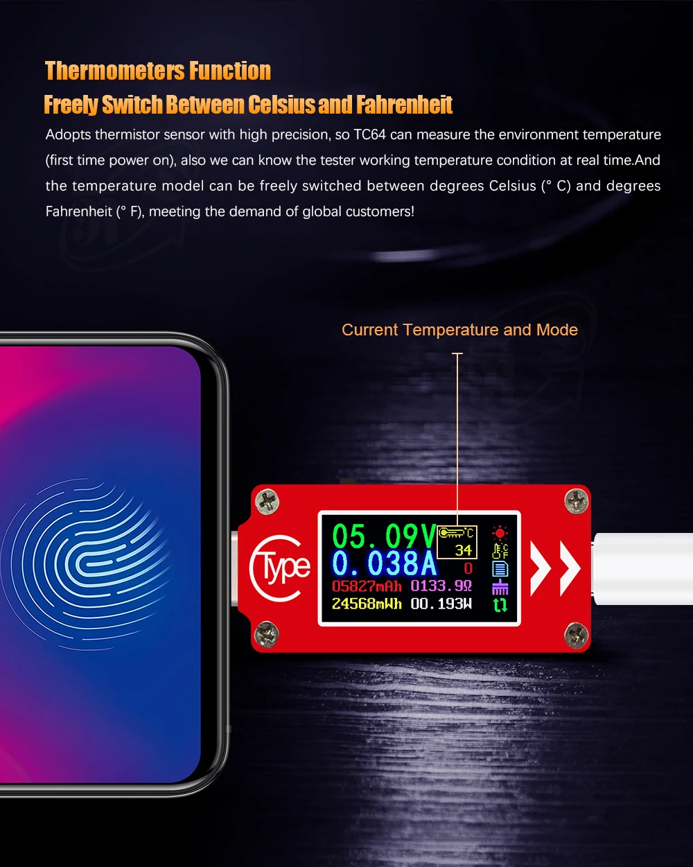 5 шт./лот TC64 Type C цветной ЖК дисплей USB вольтметр тестер амперметр измеритель тока