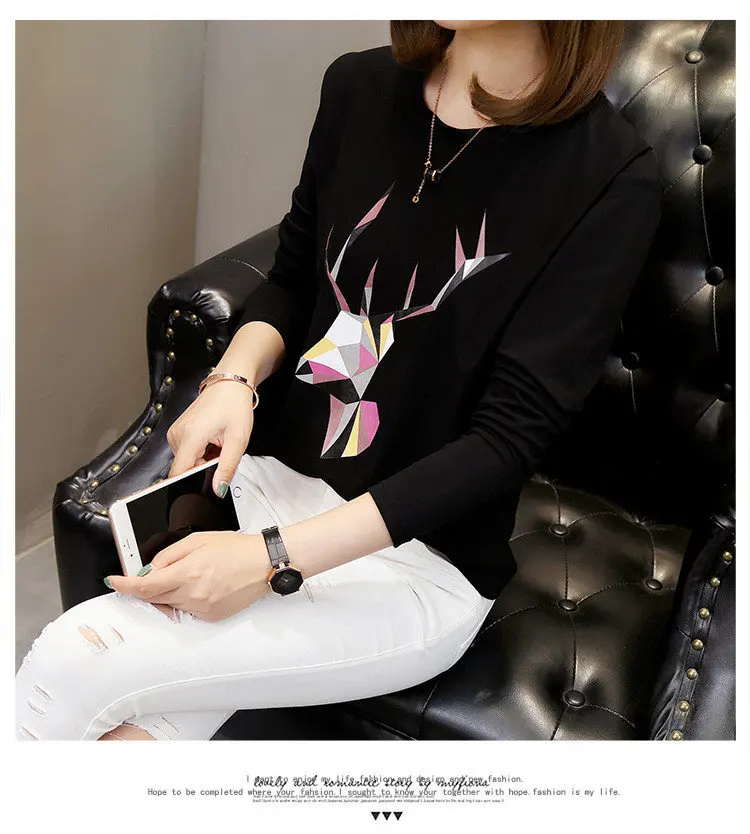 2019 Autumn Cotton T-Shirts Deer Printed Tshirts Women Leisure Long Sleeve White T-shirt Female Tops Tees Large Size M-5XL  (19)