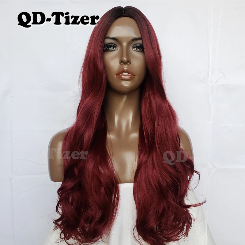 

QD-Tizer Ombre Color Body Wave Synthetic No Lace Wig Glueless Heat Resistant #1b/Burgundy Machine Made Wigs For Fashion Women