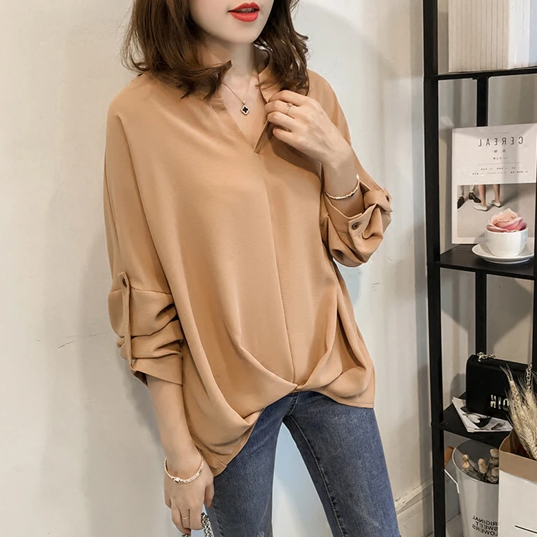 

2018 summer new women chiffon blouse puff sleeved v-neck loose casual shirts solid red tops