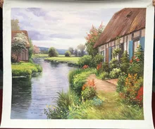 Free shipping High Quality Handpainted Realism landscape oil painting House by River picture on canvas