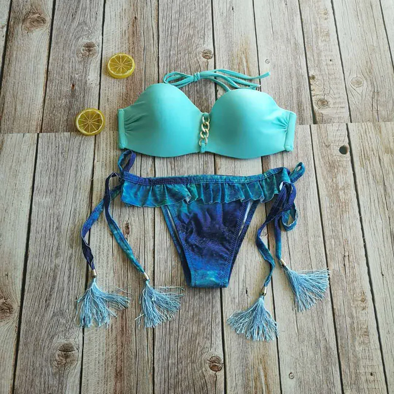 

2019 New Print Bikini Set Sexy Bandage Ruffle Swimwear Women Push Up Swimsuits Brazilian Beach Bathing Suit Summer Micro Bikini