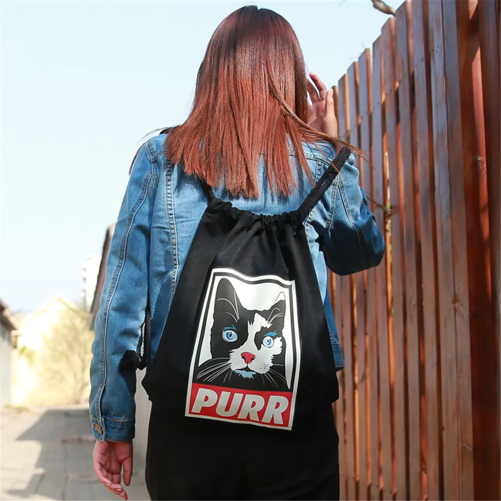 

Unisex Thick Canvas Bags Cute Black White Cat Prints Shoulder Bag Women Men Travel String Bag Casual Bookbag for girls