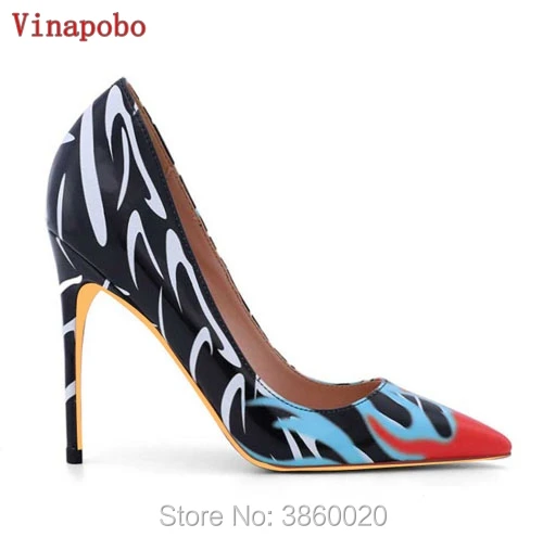 

Black Flame Printing Patent Leather luxury High Heels Women Pumps Pointed Toe Female Party Wedding Shoes Woman 2019 Spring New