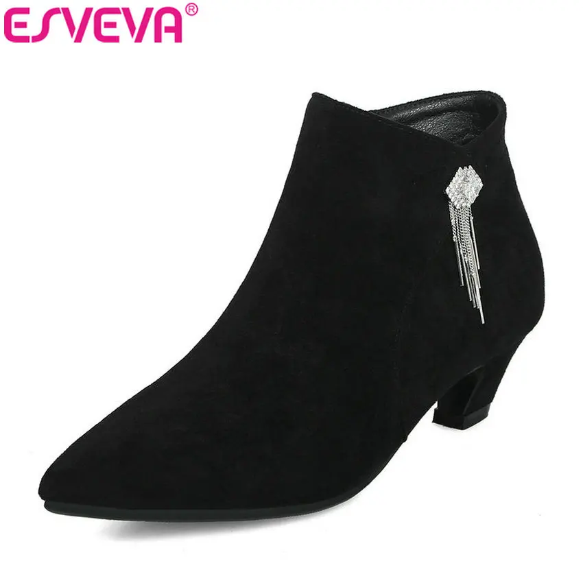 

ESVEVA 2019 Woman Boots Square High Heels Shoes All Match Zipper Pointed Toe Shoes Winter Handmade Women Ankle Boots Size 34-43