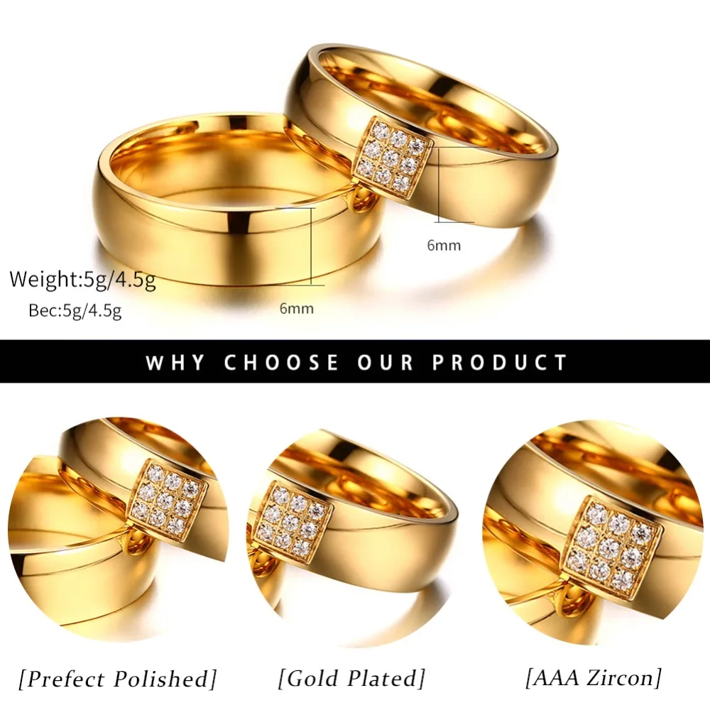 KISS MANDY Gold Stainless Steel Couple Promise Rings With 9 Pcs Zircons For Lovers Engagement Wedding Band Women Jewelry KR418