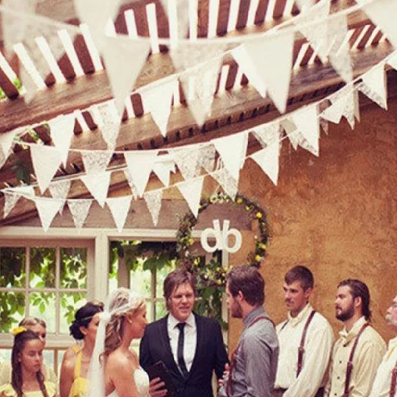 20 flags/lot 100% Handmade White Lace flag,Romantic White Wedding Party Bunting full white Lace Fabric Triangle flags banner