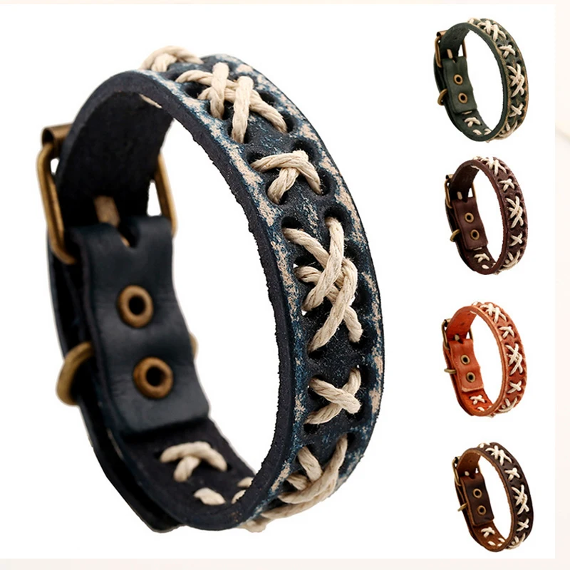 

Punk Vintage Unisex Genuine Leather Wrap Bracelet Bangles Rope Woven Cross Belt Bracelet Cuff Wristband Hand Jewelry 1 Pc Sale