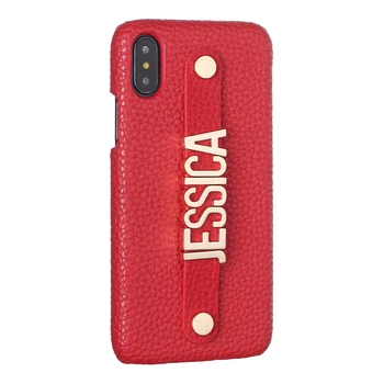 

Holding Strap Metal Personalization Your Name Pebble Grain Leather Phone Case For iPhone 11 Pro 6S XS Max XR 7 7Plus 8 8Plus X