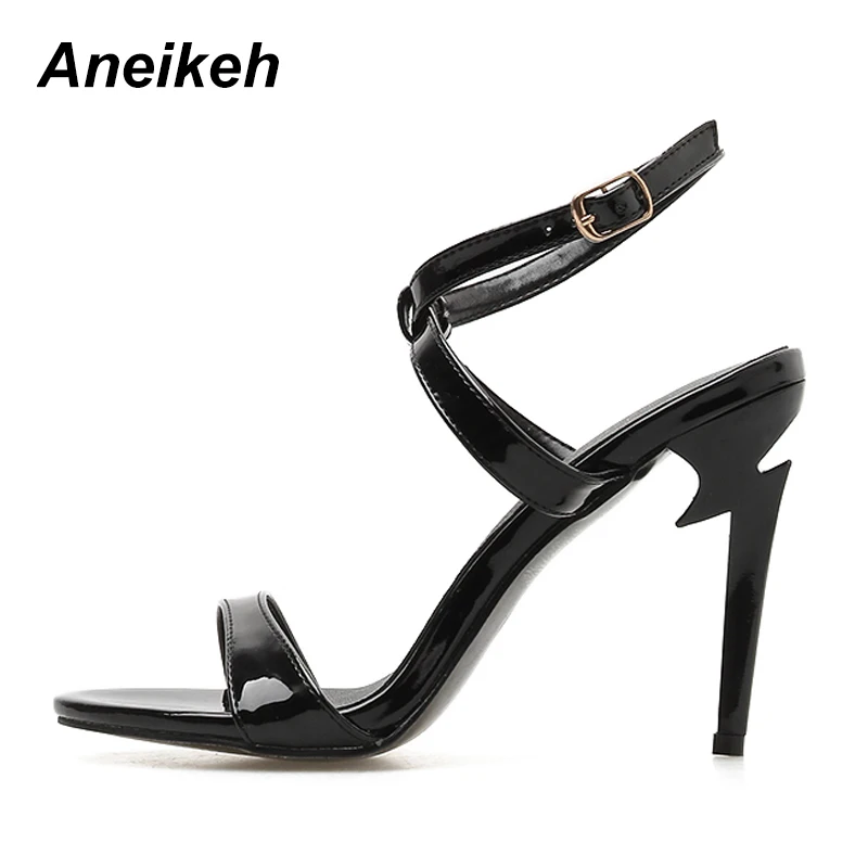 

Aneikeh 2019 Summer Gladiator PU Sandals Woman Thin High Heels Shoes Buckle Strap Pointed Toe Black Apricot Office Size4-11