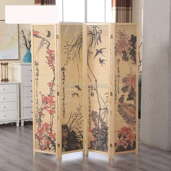 

Chinese Landscape Flowers and Birds folding room screens wood screens 4pcs wood dividers outdoor dividers screens curtain