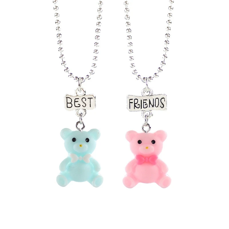 

2pcs/lot "Best Friends" Pink Blue Bear Kid Necklaces 3D Imitation Animal Necklace For Children Jewelry, Birthday Gift