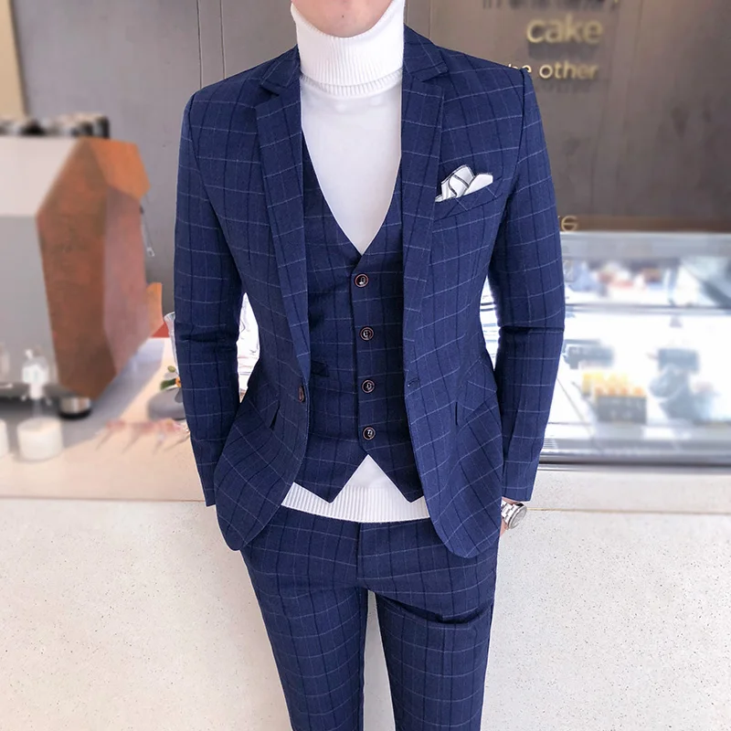 Классический Клетчатый мужской костюм, приталенный смокинг, Свадебная вечерняя одежда в британском стиле, клетчатые официальные повседневные костюмы, мужские качественные - Цвет: Королевский синий