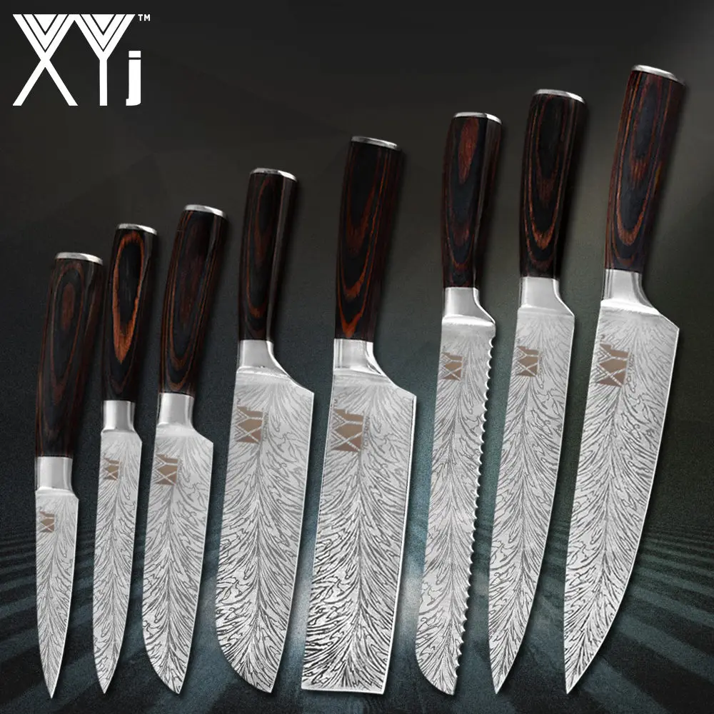 XYj нож из нержавеющей стали с красивым узором 7cr17, лезвие из нержавеющей стали, цветные кухонные ножи с деревянной ручкой, набор ножей из 8 предметов - Цвет: A. 8 Piece Knife