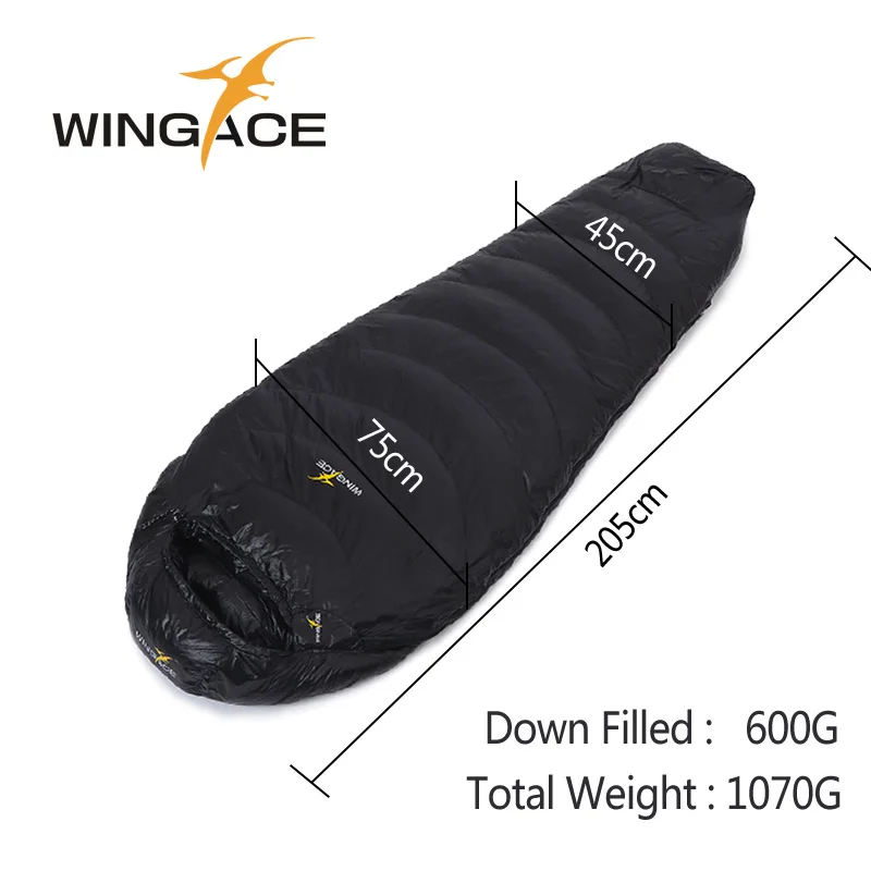 WINGACE Fill 600 г 1000 г гусиный пух спальный мешок Мумия Сверхлегкий походный uyku tulumu открытый альпинизм кемпинг спальный мешок - Цвет: Black 600G