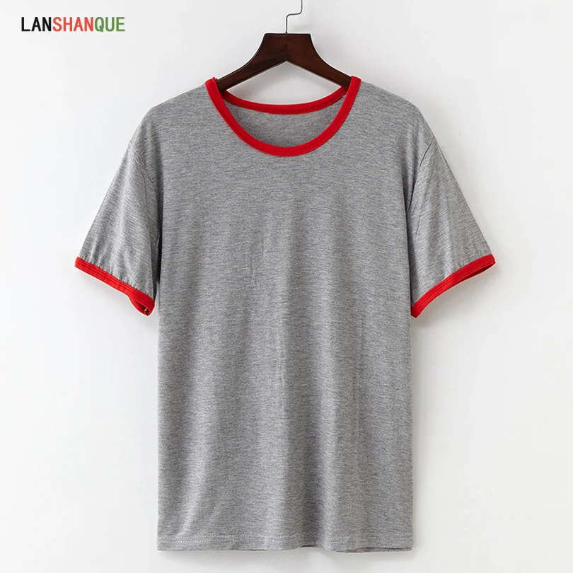 

LANSHANQUE T-Shirts 2019 Summer Tee Shirt Women Solid Color Casual Black White Short Sleeve O-Neck Ladies Tops Female T Shirt