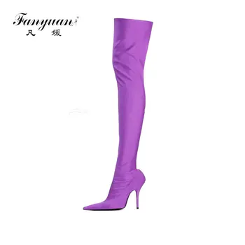 

fanyuan brand new large size 34-48 over the knee boots thin high heels woman sexy party shoes women boots pointed toe Satin