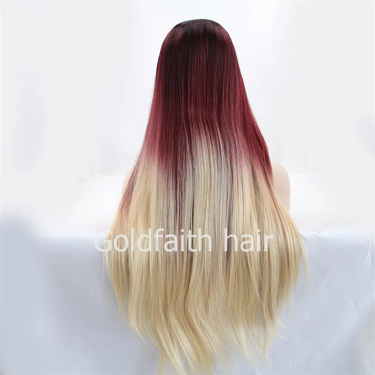 Sf2 Cheap Burgundy Blonde Ombre Straight Kanekalon Wig Lace Front