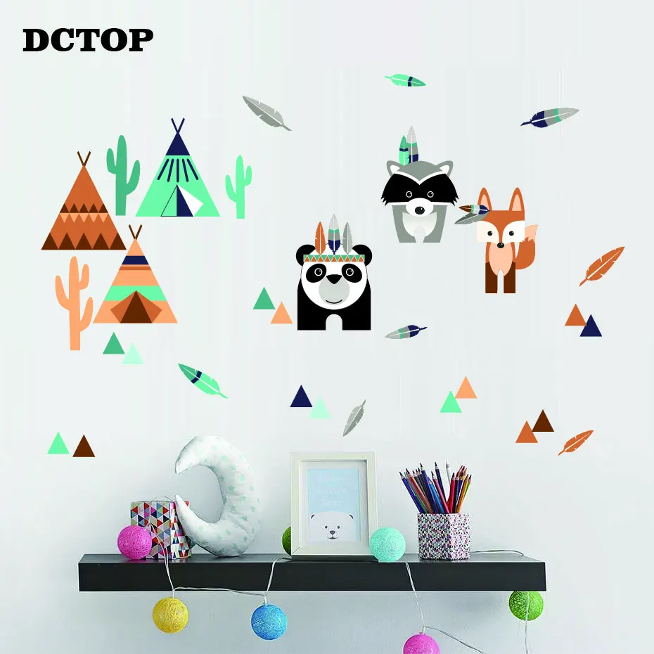 Nursery Cute Panda Fox Raccoon Wall Stickers Indian Feather Diy Vinyls Decals Home Decor Children Kids Bedroom Door Art Mural Wall Stickers Aliexpress
