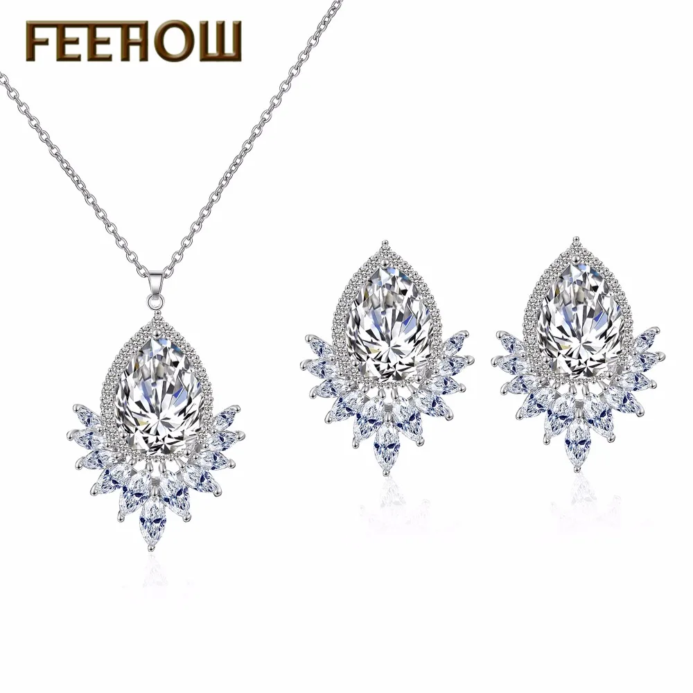 FEEHOW Fashion Cubic Zircon Jewelry Set Water Drop Shape Clear Crystal