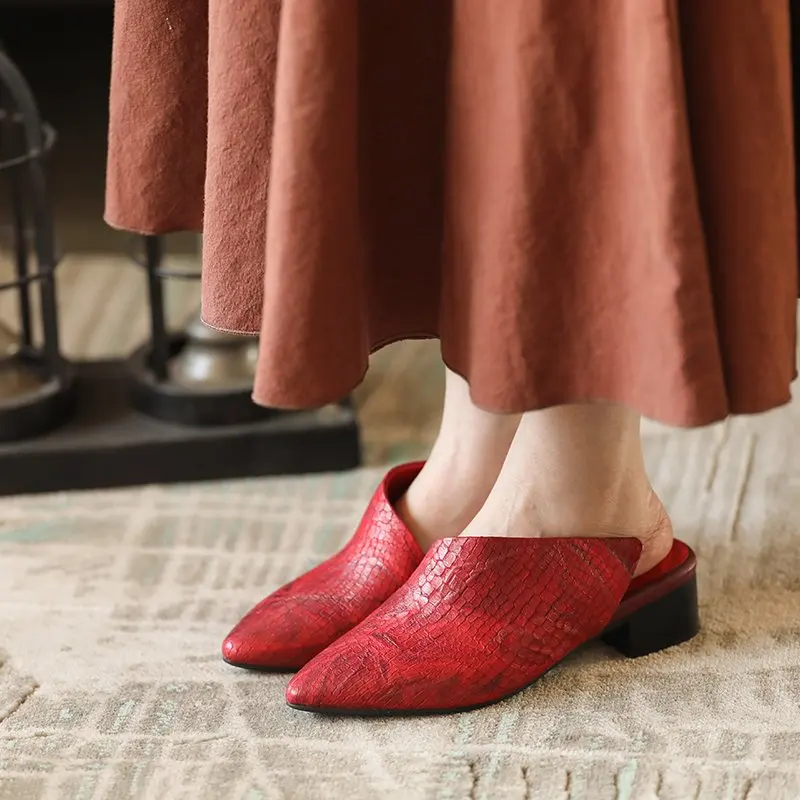 Grey Delle A Signore Grigio Sandali red In Ciabatte Donna Pelle Rosso Tacco Mano Fatti Punta Dell'annata Pantofole Quadrato Da Actmdall Stampa EqPvH