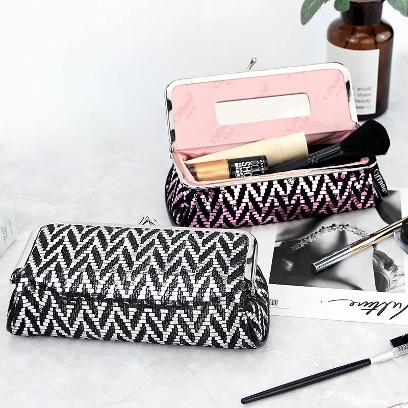 جديد وصول المرأة جميلة حقيبة ماكياج مع مرآة المحمولة أدوات فرشاة التجميل حقيبة ماكياج منظم بسيط storagecase