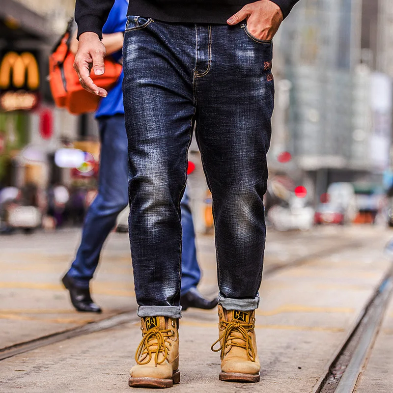 

2019 Spring Autumn Mens Jeans Casual Oversize Straight High Elasticity Jeans Loose Stretch Long Trouser Male Stretch Denim Pants