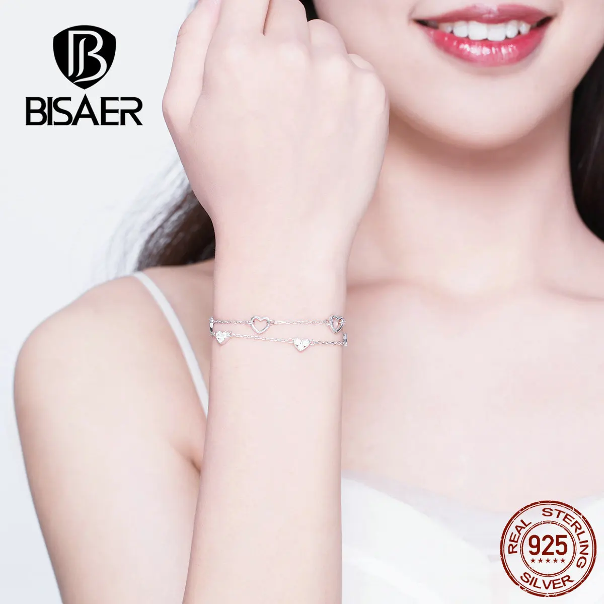 BISAER 925 пробы Серебряный красивый браслет на цепочке с сердечком для женщин подарок для влюбленных трендовые ювелирные аксессуары GXB151