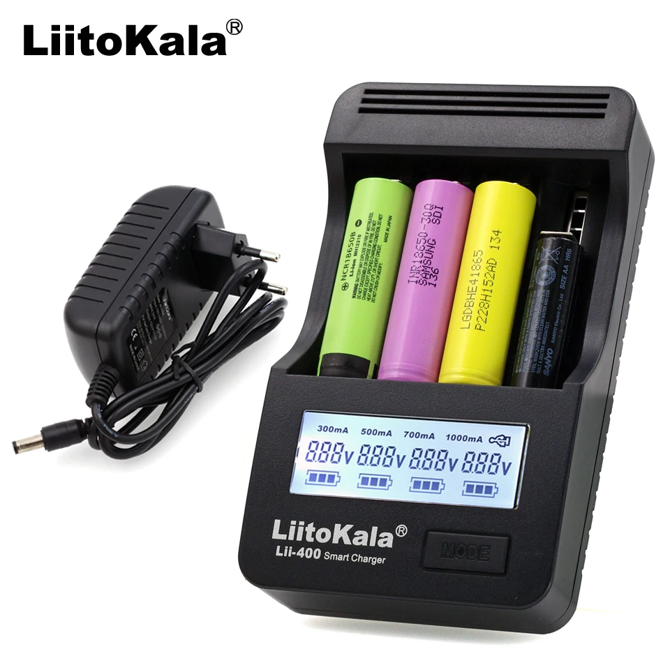 Умное устройство для зарядки никель-металлогидридных аккумуляторов от компании Liitokala: Lii-400 зарядное устройство, Зарядка 18650 1,2 V AA, AAA, никель-металл-гидридного аккумулятора зарядное устройство ЖК-дисплей 3,7 V 18350 16340 26650