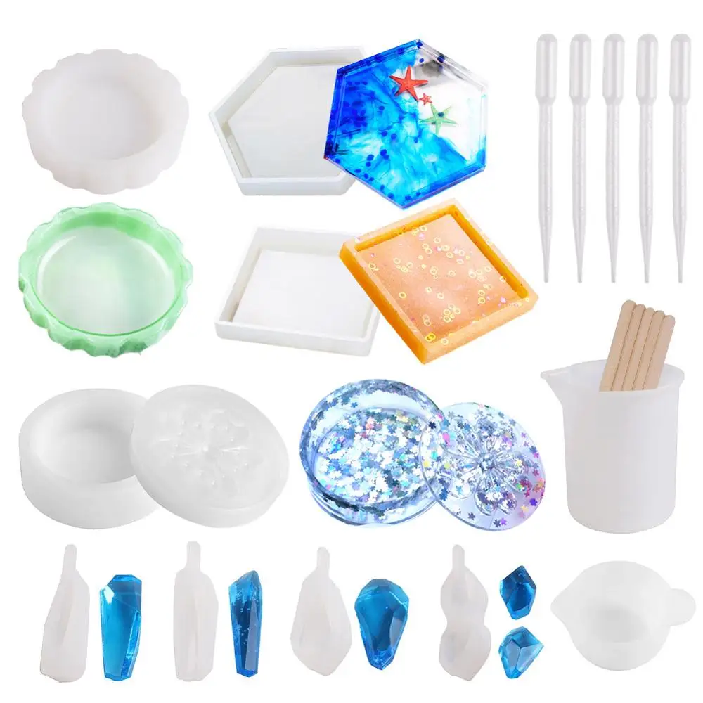 

New 20Pcs Silicone Coaster Molds, Epoxy Casting Molds Hexagon, Round, Crystal Stone Mold, Sakura Trinket Box Mold for Resin